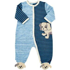 Stephan Baby Boys Blue Striped Puppy Footed Romper Pajamas - 0-3 Mos